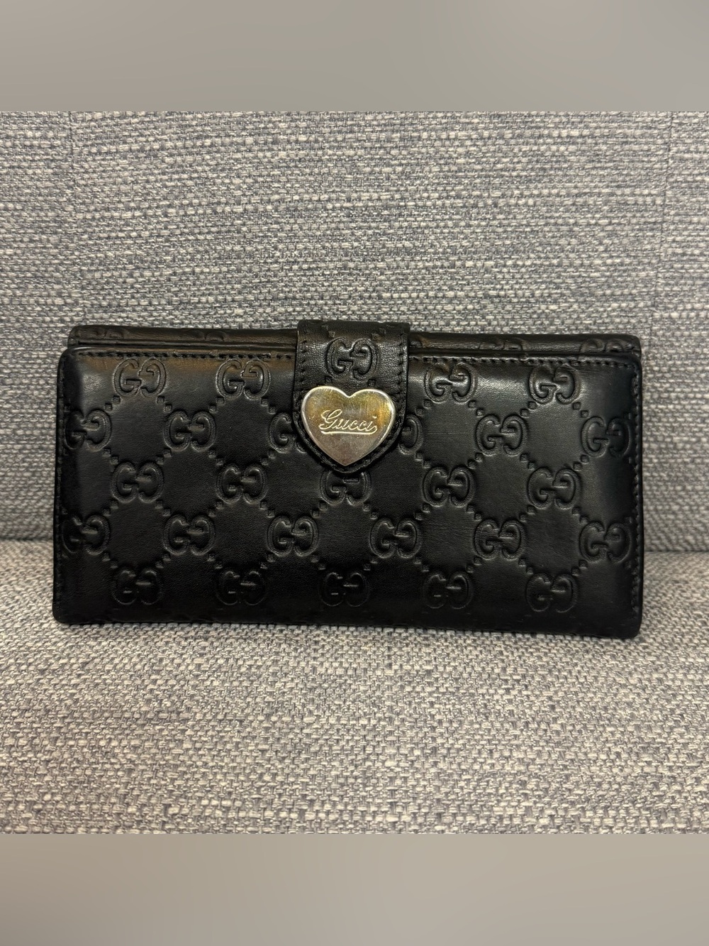 Gucci Large Black Embossed GG Leather Continental Wallet with Heart Snap